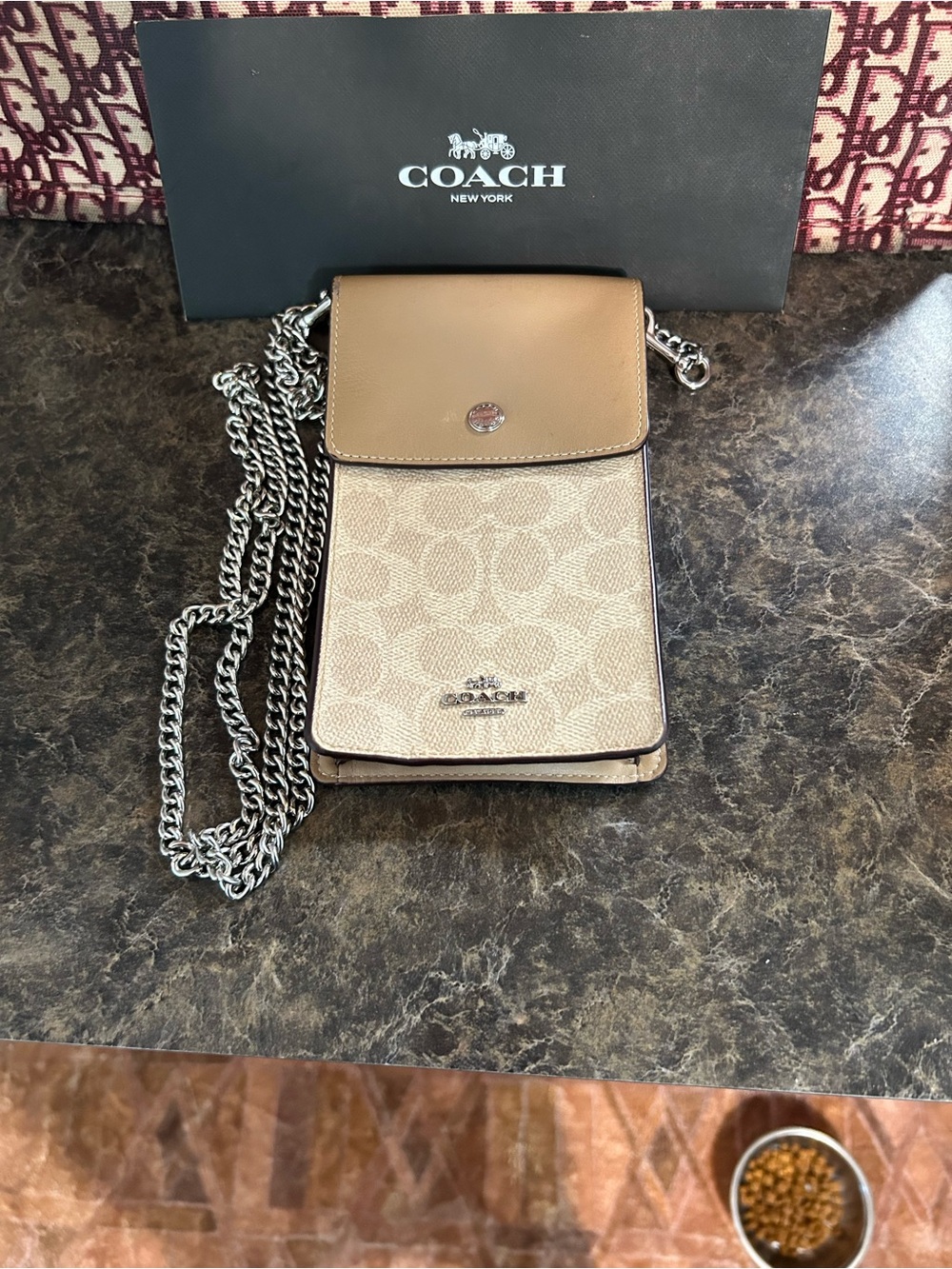 Coach Beige/Tan Signature Crossbody Phone Pouch with Silver Chain